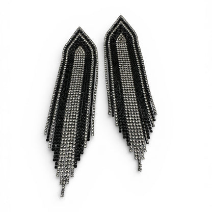 Black & Silver Rhinestone Fringe Statement Earrings – Long Glamorous Dangle Crystal Drop Earrings