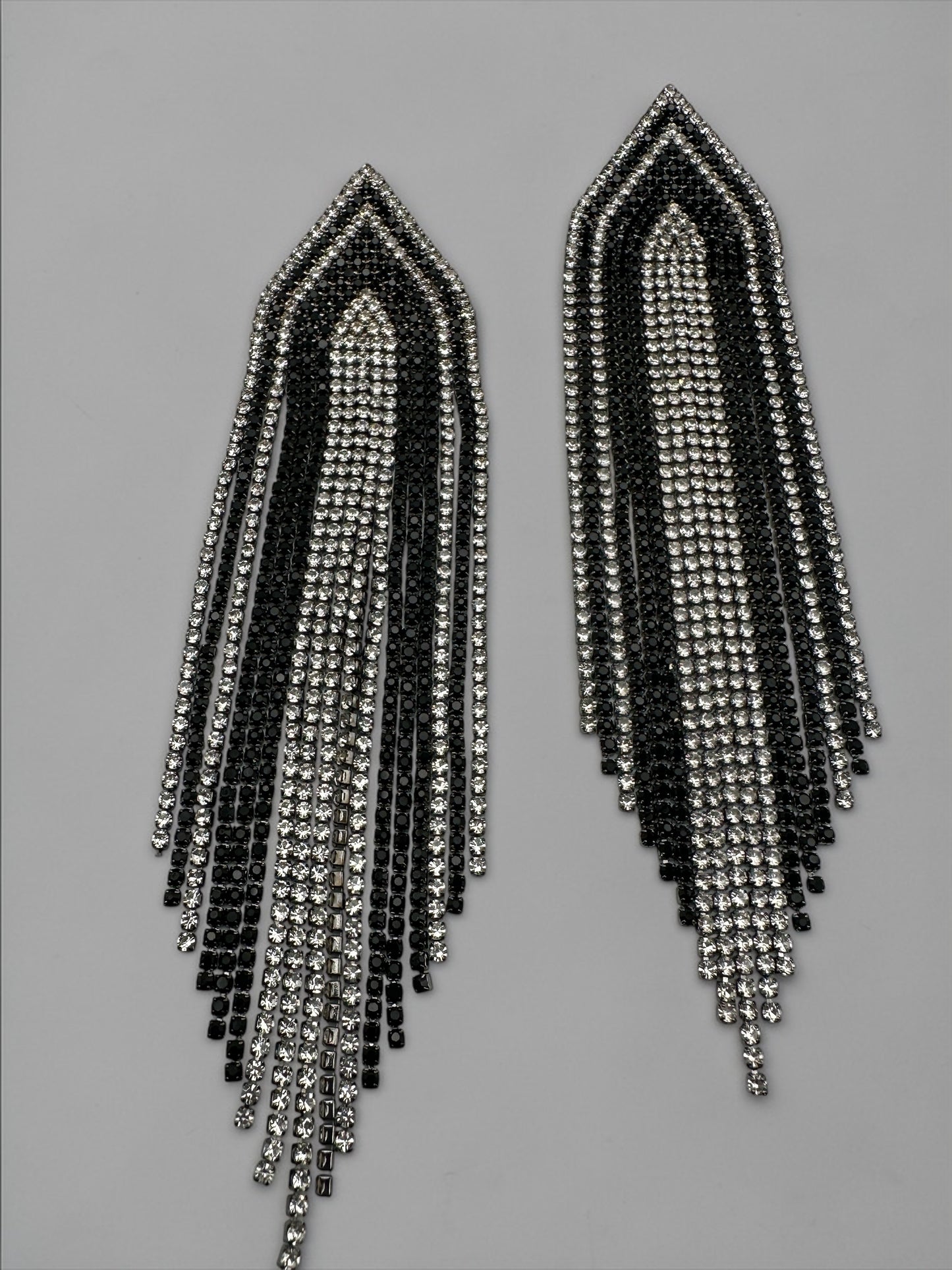 Black & Silver Rhinestone Fringe Statement Earrings – Long Glamorous Dangle Crystal Drop Earrings
