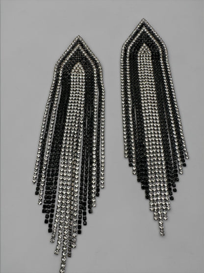 Black & Silver Rhinestone Fringe Statement Earrings – Long Glamorous Dangle Crystal Drop Earrings