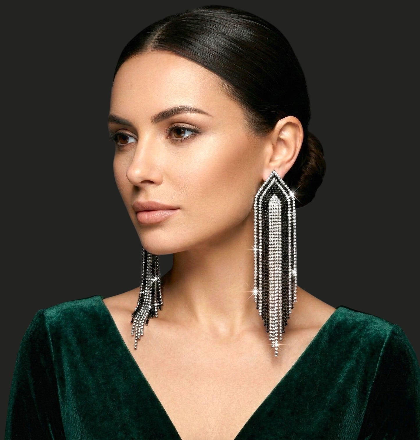 Black & Silver Rhinestone Fringe Statement Earrings – Long Glamorous Dangle Crystal Drop Earrings