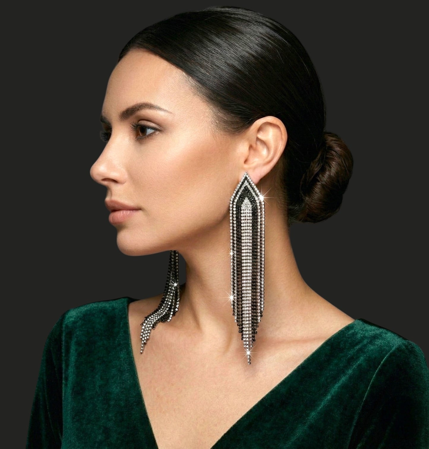 Black & Silver Rhinestone Fringe Statement Earrings – Long Glamorous Dangle Crystal Drop Earrings