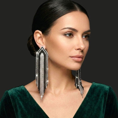 Black & Silver Rhinestone Fringe Statement Earrings – Long Glamorous Dangle Crystal Drop Earrings