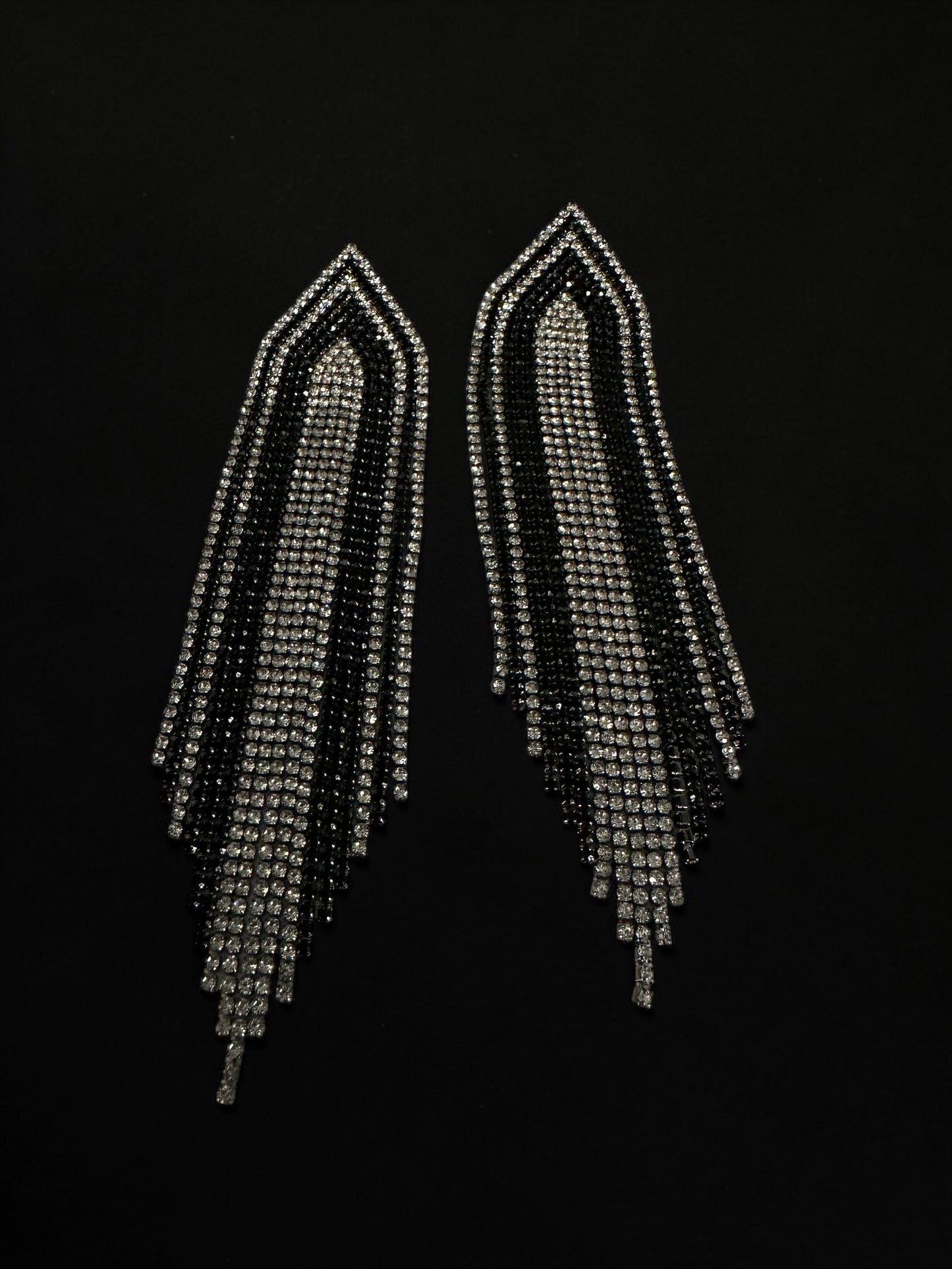 Black & Silver Rhinestone Fringe Statement Earrings – Long Glamorous Dangle Crystal Drop Earrings