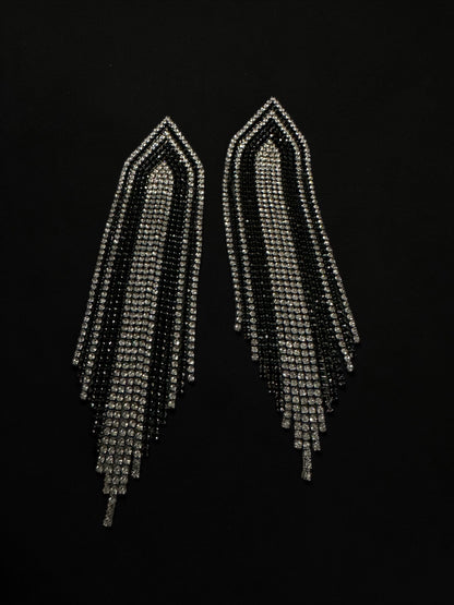 Black & Silver Rhinestone Fringe Statement Earrings – Long Glamorous Dangle Crystal Drop Earrings