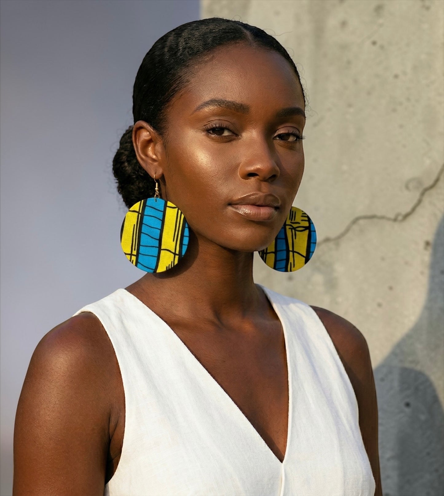 Yellow & Blue Ankara Earrings | Lightweight African Round Fabric Statement Jewellery - Fatisha Boutique #