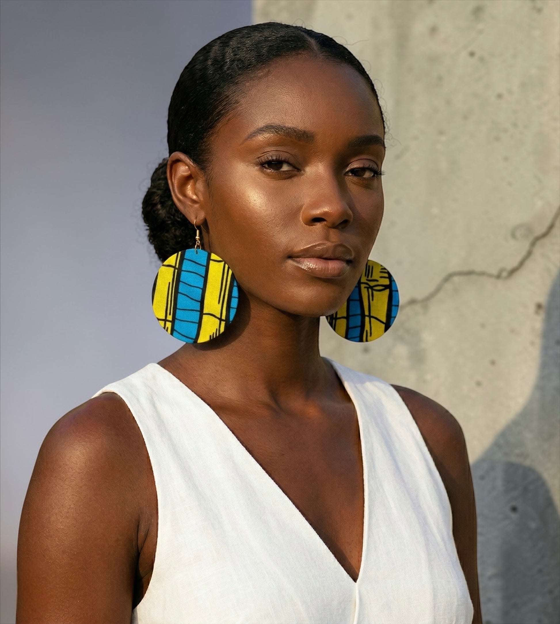Yellow & Blue Ankara Earrings | Lightweight African Round Fabric Statement Jewellery - Fatisha Boutique #