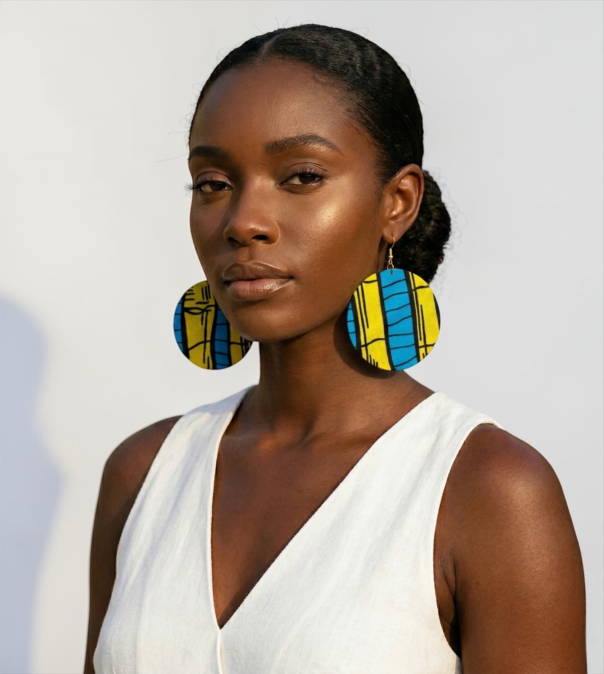 Yellow & Blue Ankara Earrings | Lightweight African Round Fabric Statement Jewellery - Fatisha Boutique #