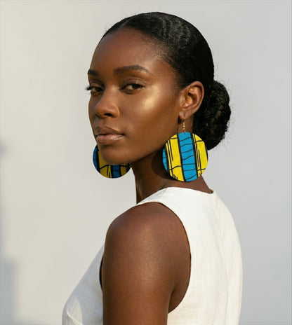 Yellow & Blue Ankara Earrings | Lightweight African Round Fabric Statement Jewellery - Fatisha Boutique #