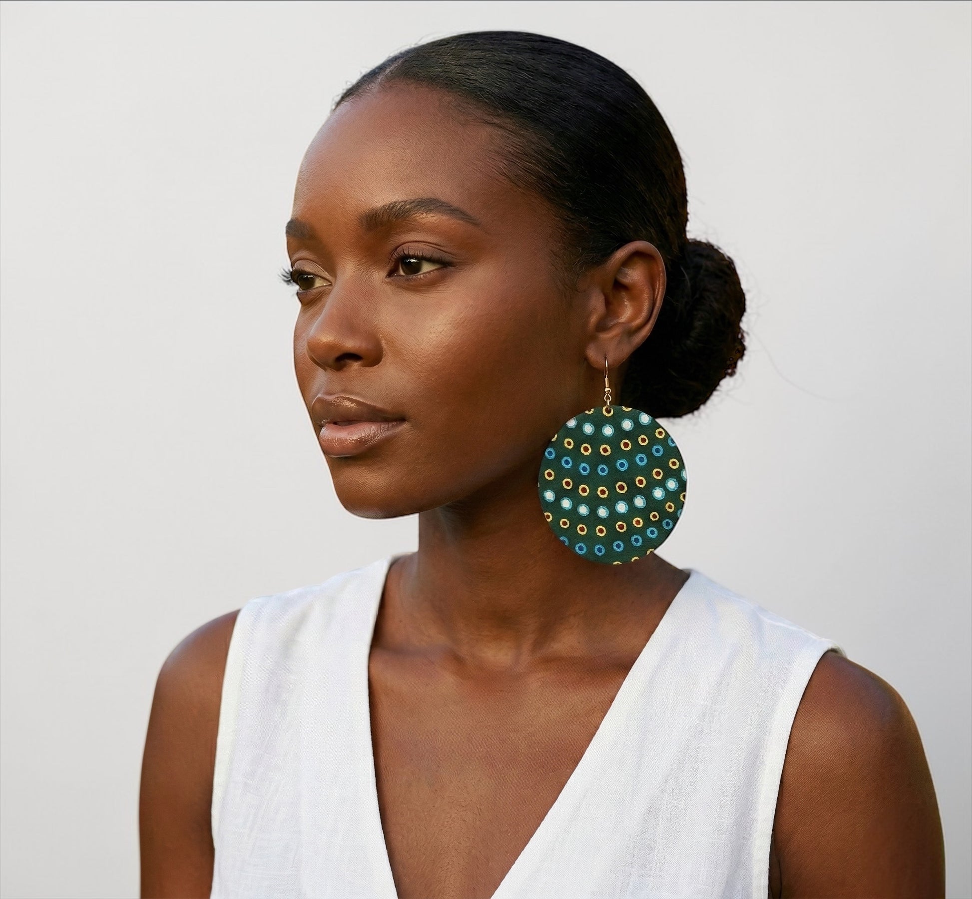 Green Ankara Fabric Statement Earrings – Handmade African Print Round Dangle Jewellery - Fatisha Boutique #