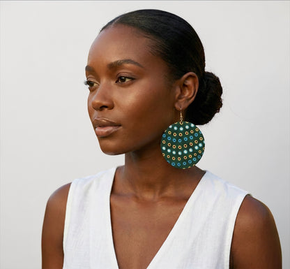 Green Ankara Fabric Statement Earrings – Handmade African Print Round Dangle Jewellery - Fatisha Boutique #