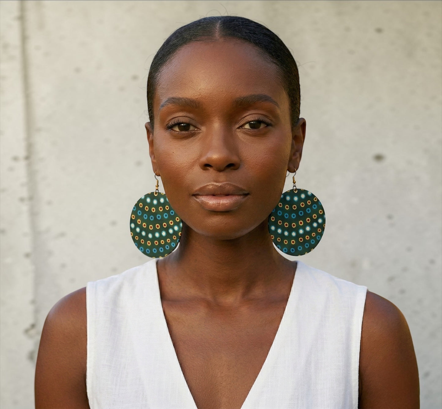 Green Ankara Fabric Statement Earrings – Handmade African Print Round Dangle Jewellery - Fatisha Boutique #