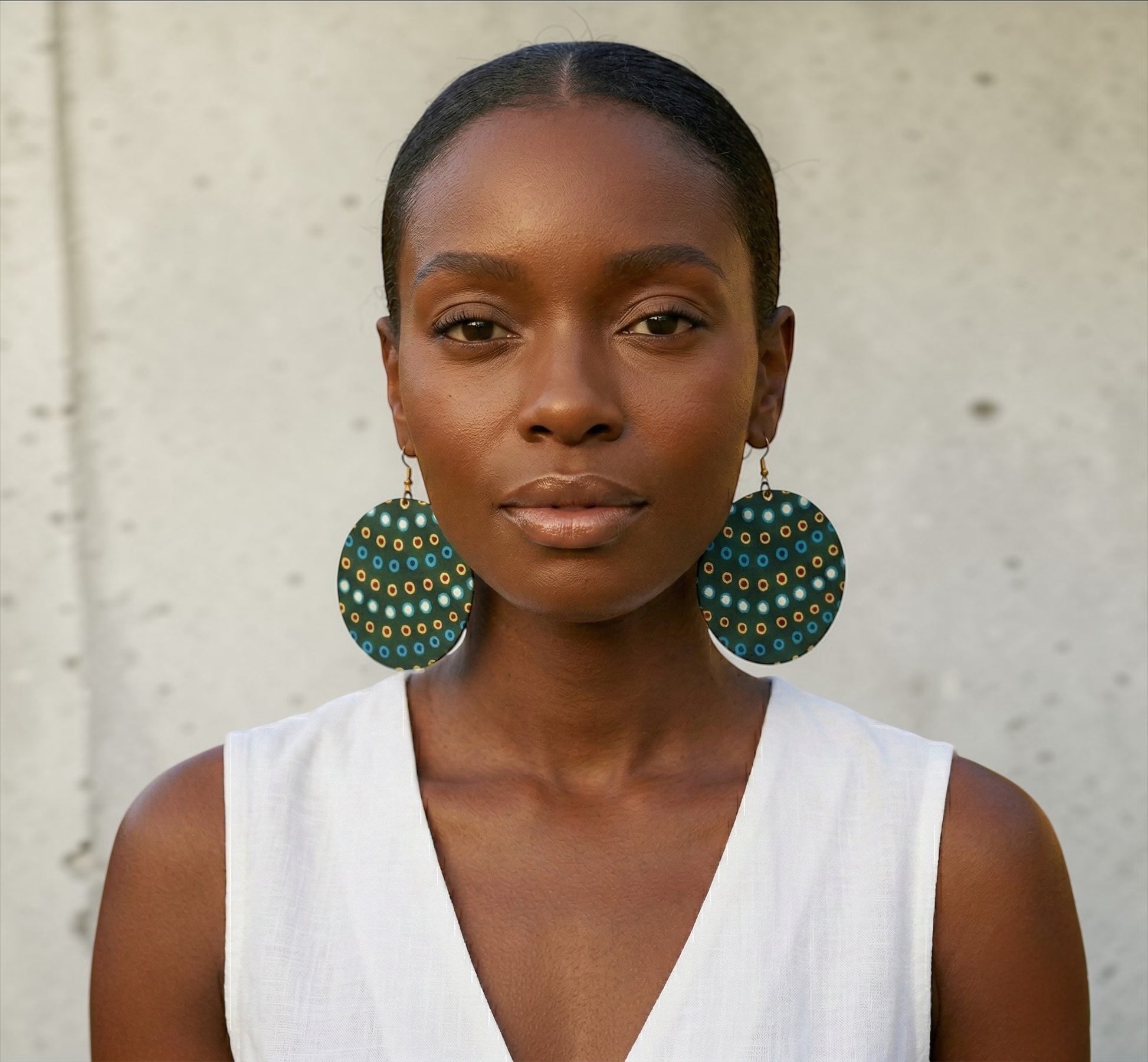 Green Ankara Fabric Statement Earrings – Handmade African Print Round Dangle Jewellery - Fatisha Boutique #