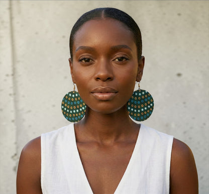 Green Ankara Fabric Statement Earrings – Handmade African Print Round Dangle Jewellery - Fatisha Boutique #