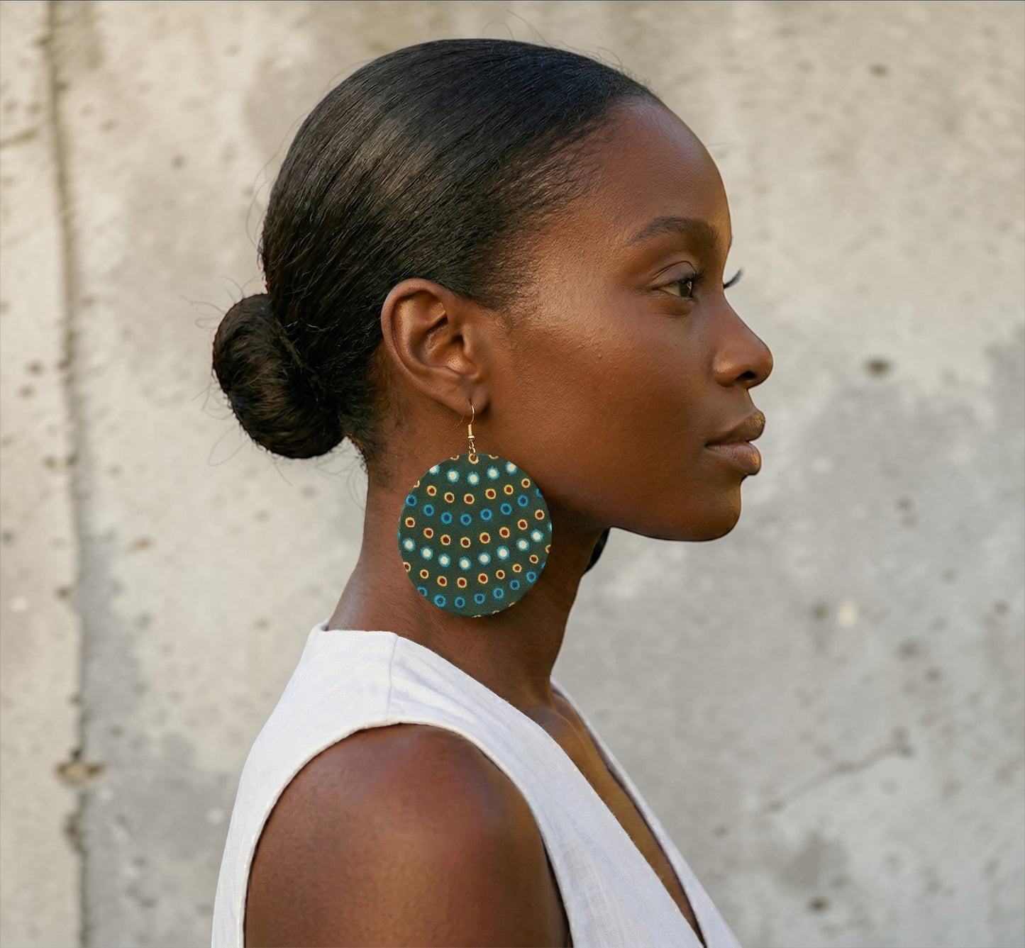 Green Ankara Fabric Statement Earrings – Handmade African Print Round Dangle Jewellery - Fatisha Boutique #