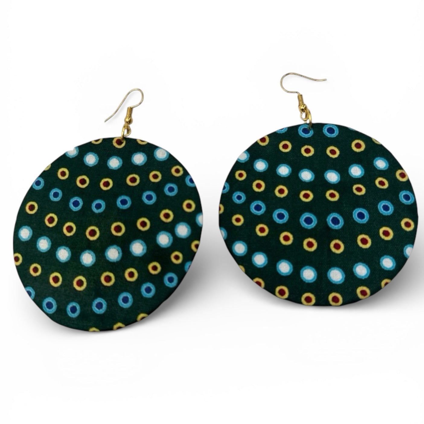 Green Ankara Fabric Statement Earrings – Handmade African Print Round Dangle Jewellery - Fatisha Boutique #