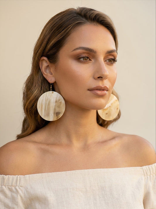Handcrafted Buffalo Horn Disc Earrings – Oversized Natural Statement Dangle Earrings - Fatisha Boutique #