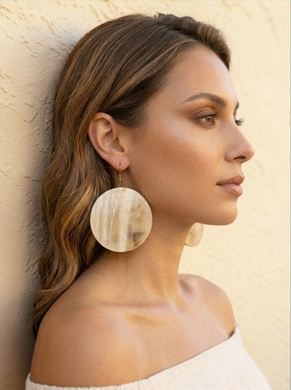 Handcrafted Buffalo Horn Disc Earrings – Oversized Natural Statement Dangle Earrings - Fatisha Boutique #