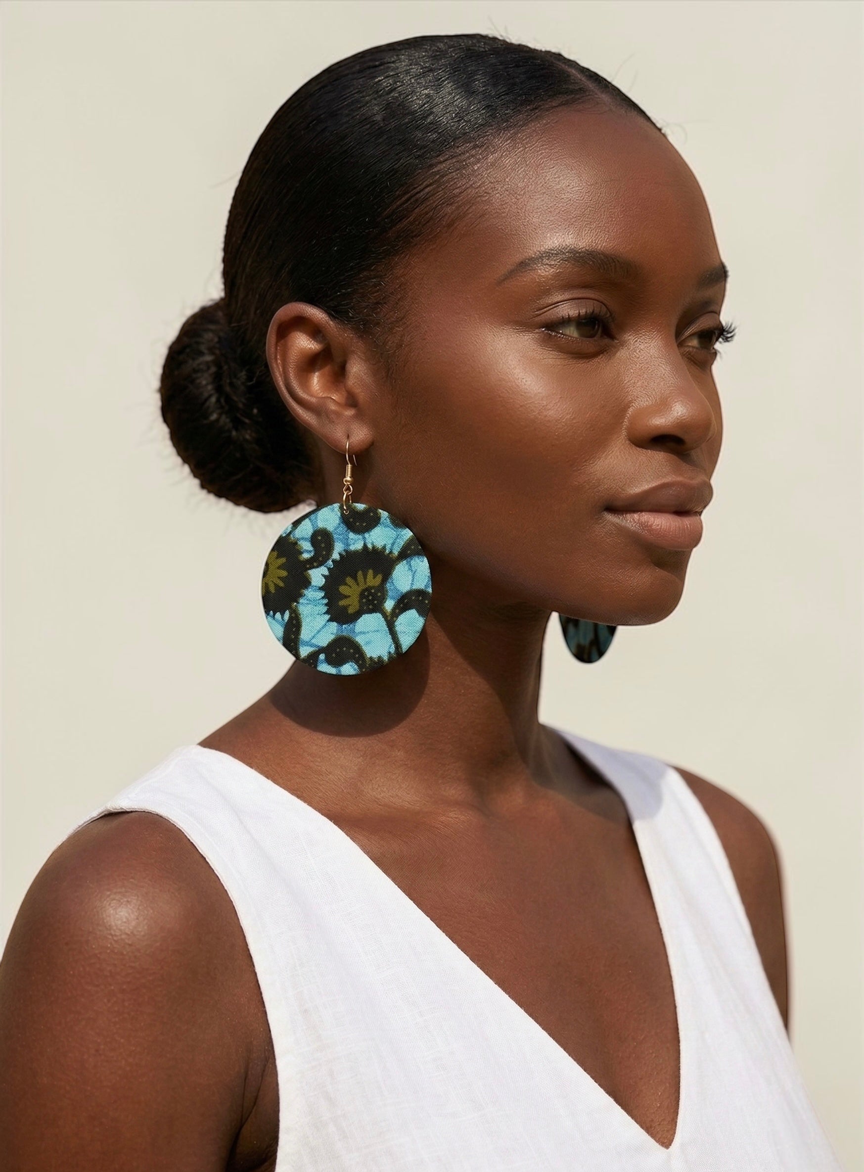 Green Ankara Fabric Statement Earrings – Handmade African Print Round Dangle Jewellery - Fatisha Boutique #