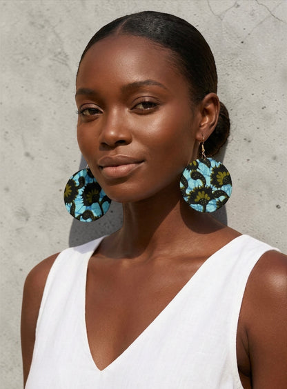 Green Ankara Fabric Statement Earrings – Handmade African Print Round Dangle Jewellery - Fatisha Boutique #