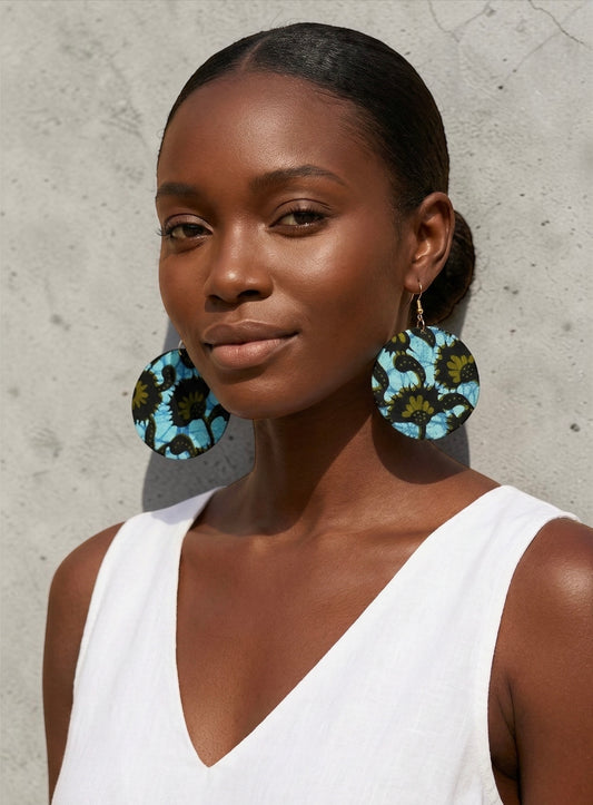 Green Ankara Fabric Statement Earrings – Handmade African Print Round Dangle Jewellery