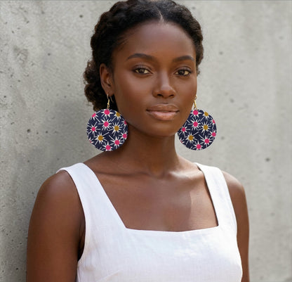 Navy & Pink Ankara Fabric Statement Earrings – Handmade African Print Round Dangle Jewellery - Fatisha Boutique #