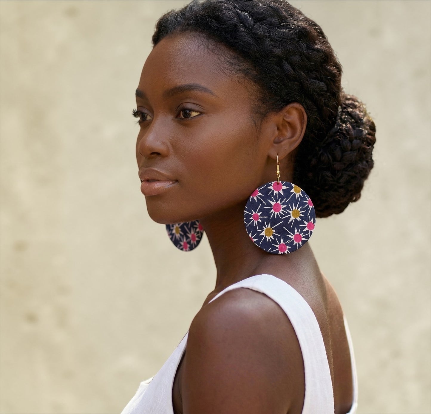 Navy & Pink Ankara Fabric Statement Earrings – Handmade African Print Round Dangle Jewellery - Fatisha Boutique #