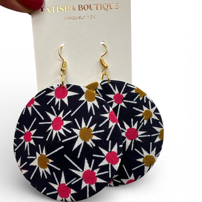 Navy & Pink Ankara Fabric Statement Earrings – Handmade African Print Round Dangle Jewellery - Fatisha Boutique #