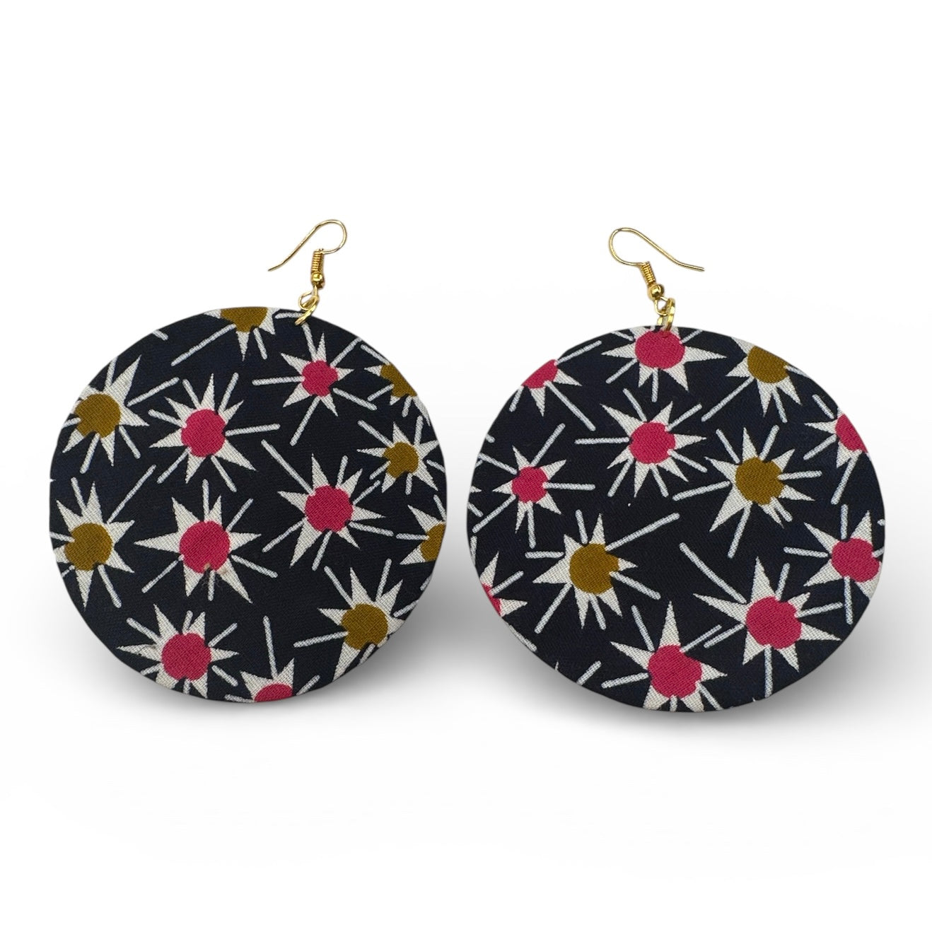 Navy & Pink Ankara Fabric Statement Earrings – Handmade African Print Round Dangle Jewellery - Fatisha Boutique #