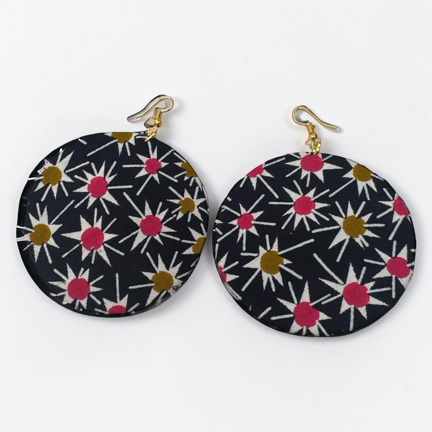 Navy & Pink Ankara Fabric Statement Earrings – Handmade African Print Round Dangle Jewellery - Fatisha Boutique #
