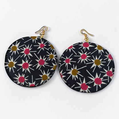 Navy & Pink Ankara Fabric Statement Earrings – Handmade African Print Round Dangle Jewellery - Fatisha Boutique #