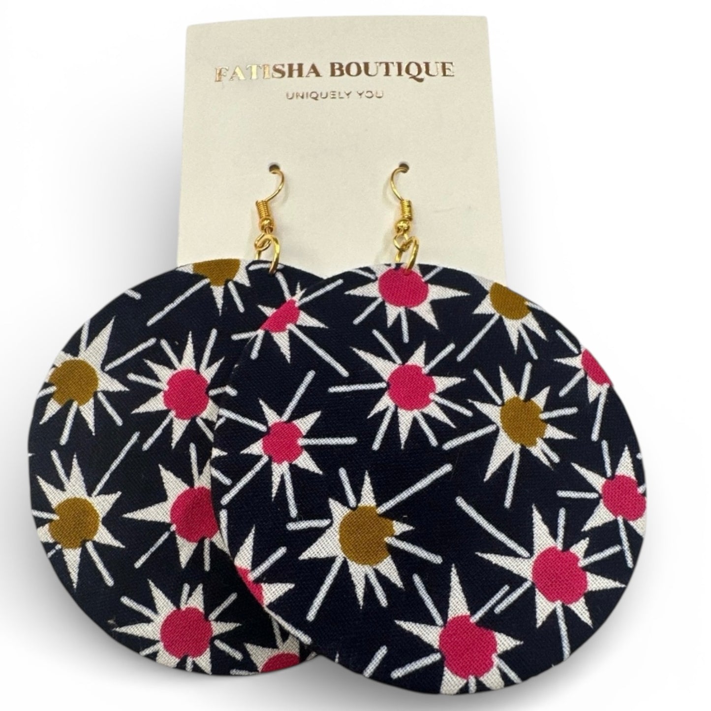 Navy & Pink Ankara Fabric Statement Earrings – Handmade African Print Round Dangle Jewellery - Fatisha Boutique #