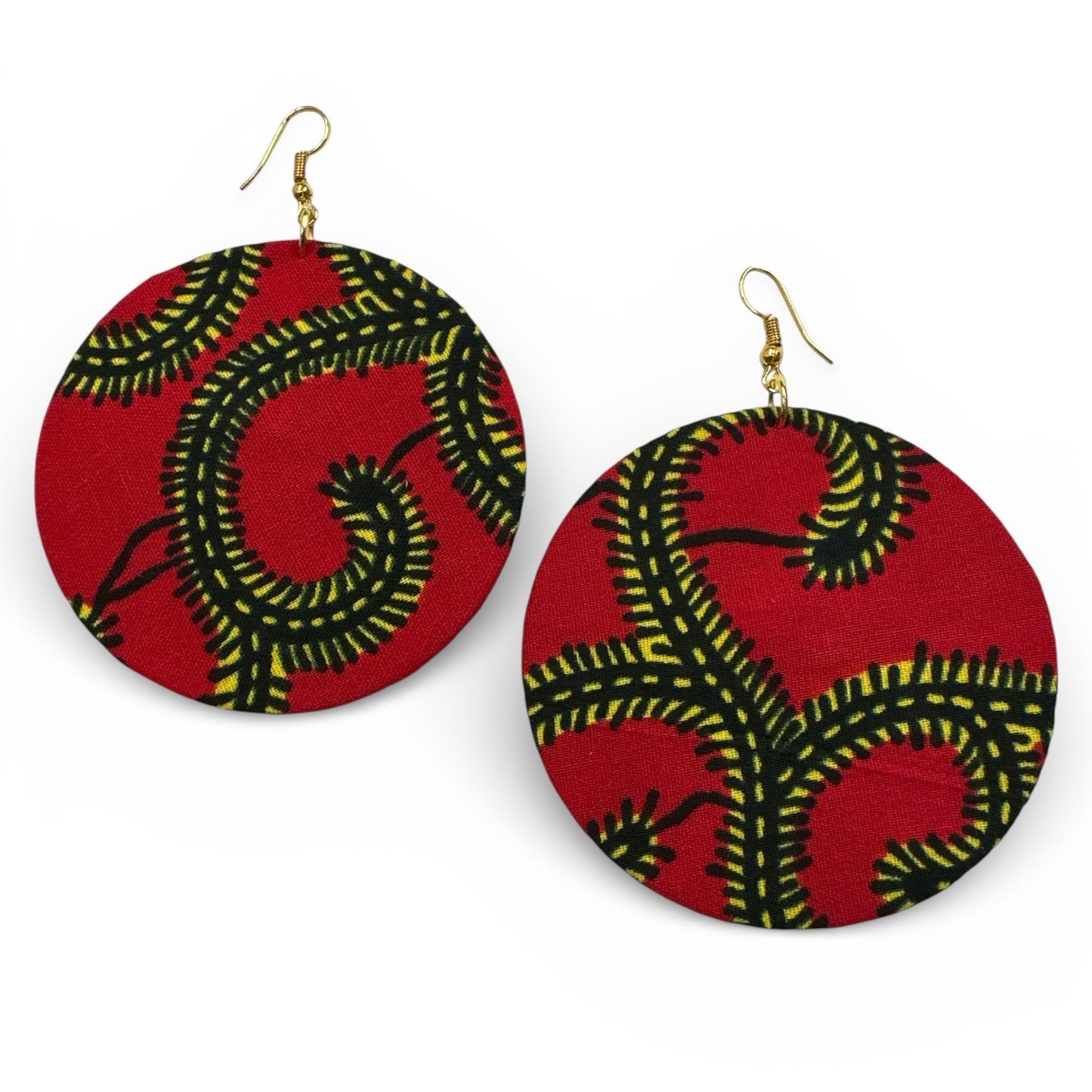 Red Ankara Fabric Statement Earrings – Handmade African Print Round Dangle Jewellery - Fatisha Boutique #