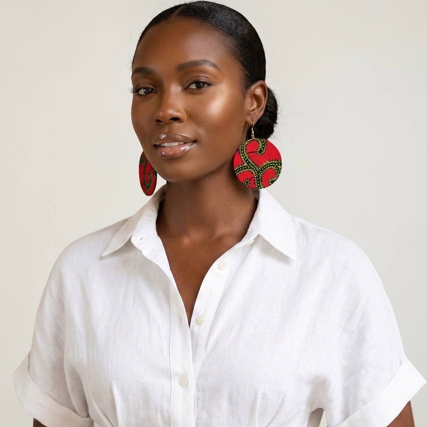 Red Ankara Fabric Statement Earrings – Handmade African Print Round Dangle Jewellery - Fatisha Boutique #