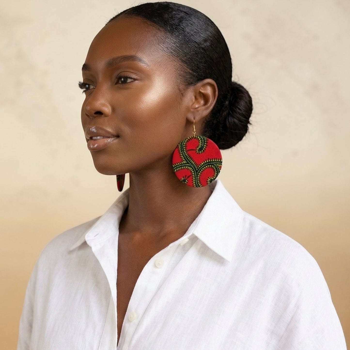 Red Ankara Fabric Statement Earrings – Handmade African Print Round Dangle Jewellery - Fatisha Boutique #