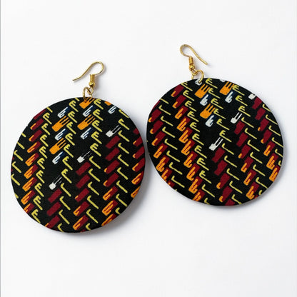 Black Ankara Fabric Statement Earrings – Handmade African Print Round Dangle Jewellery - Fatisha Boutique #