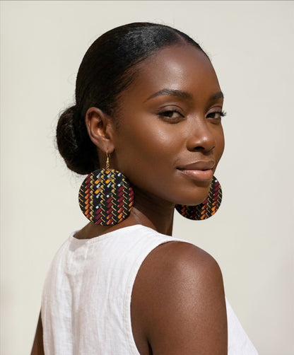 Black Ankara Fabric Statement Earrings – Handmade African Print Round Dangle Jewellery - Fatisha Boutique #