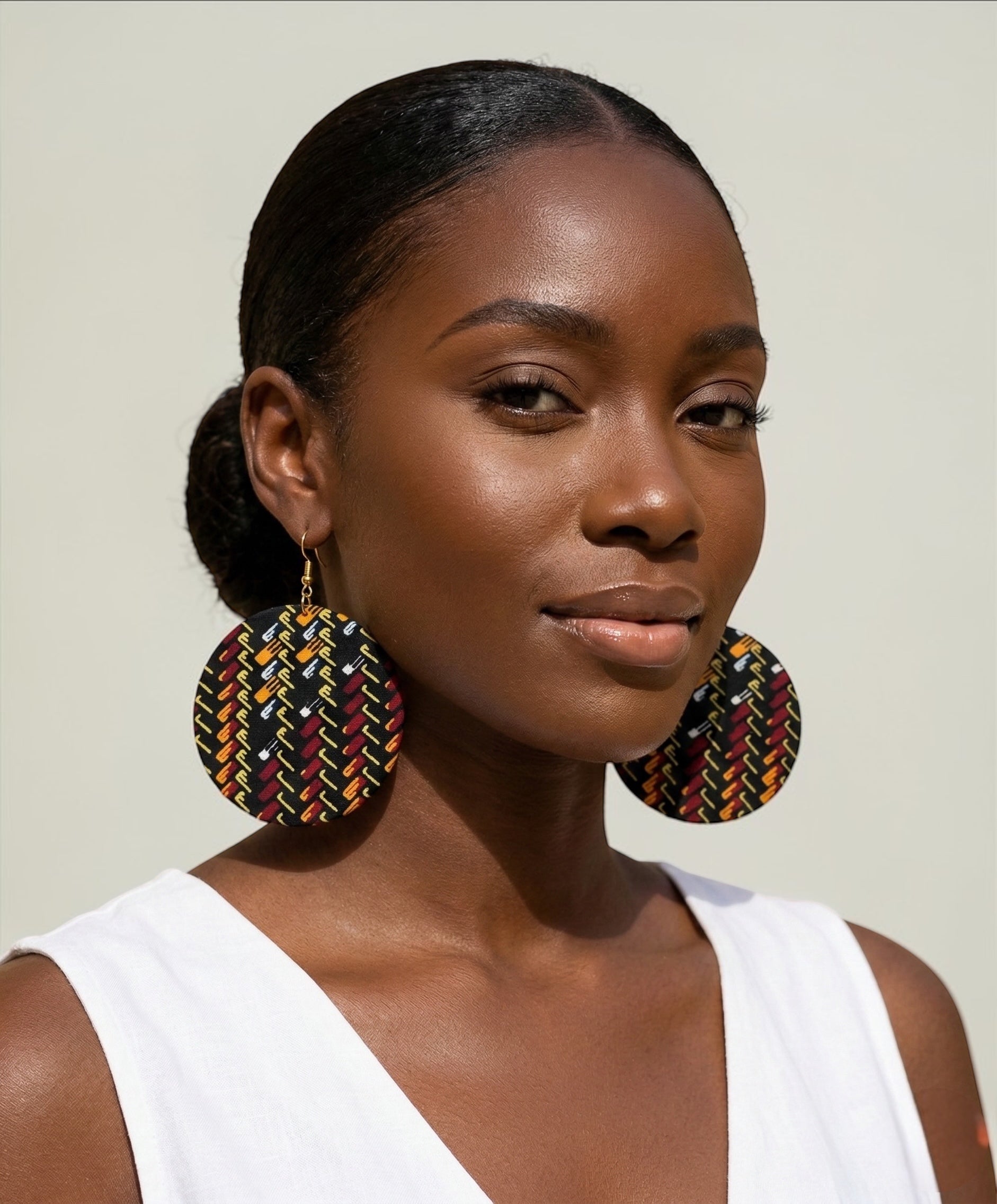 Black Ankara Fabric Statement Earrings – Handmade African Print Round Dangle Jewellery - Fatisha Boutique #