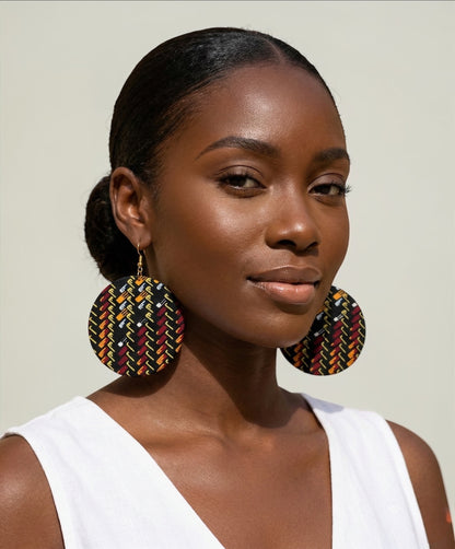 Black Ankara Fabric Statement Earrings – Handmade African Print Round Dangle Jewellery - Fatisha Boutique #