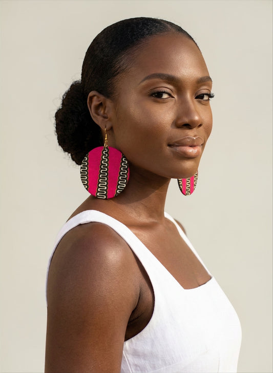 Pink Ankara Fabric Statement Earrings – Handmade African Print Round Dangle Jewellery