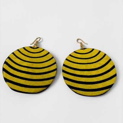 Yellow & Black Ankara Fabric Statement Earrings – Handmade African Print Round Dangle Jewellery - Fatisha Boutique #