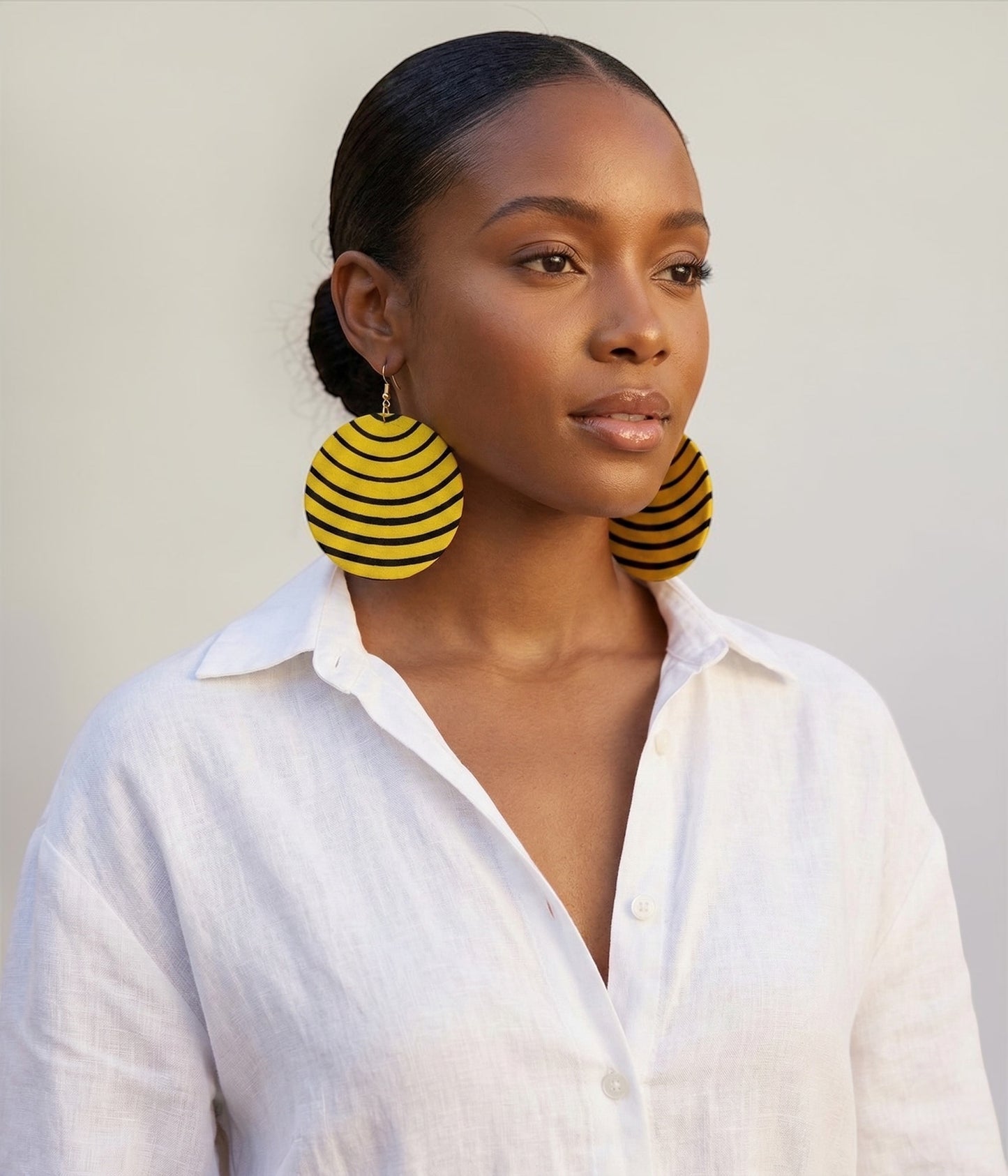 Yellow & Black Ankara Fabric Statement Earrings – Handmade African Print Round Dangle Jewellery - Fatisha Boutique # Fatisha Boutique