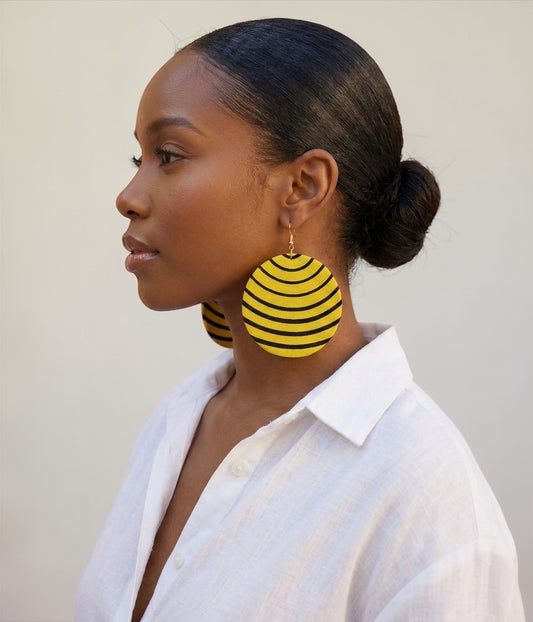 Yellow & Black Ankara Fabric Statement Earrings – Handmade African Print Round Dangle Jewellery - Fatisha Boutique #