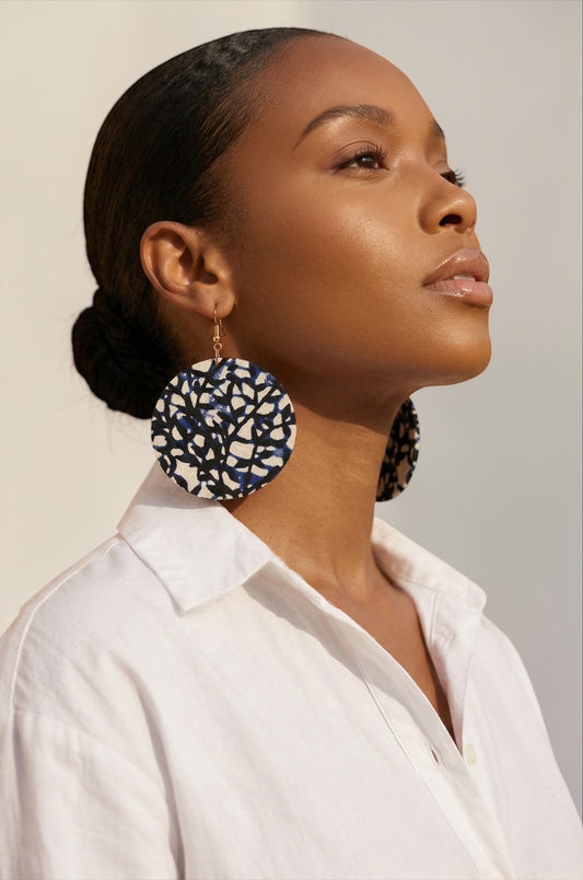 Navy Blue Ankara Fabric Statement Earrings – Handmade African Print Round Dangle Jewellery - Fatisha Boutique #