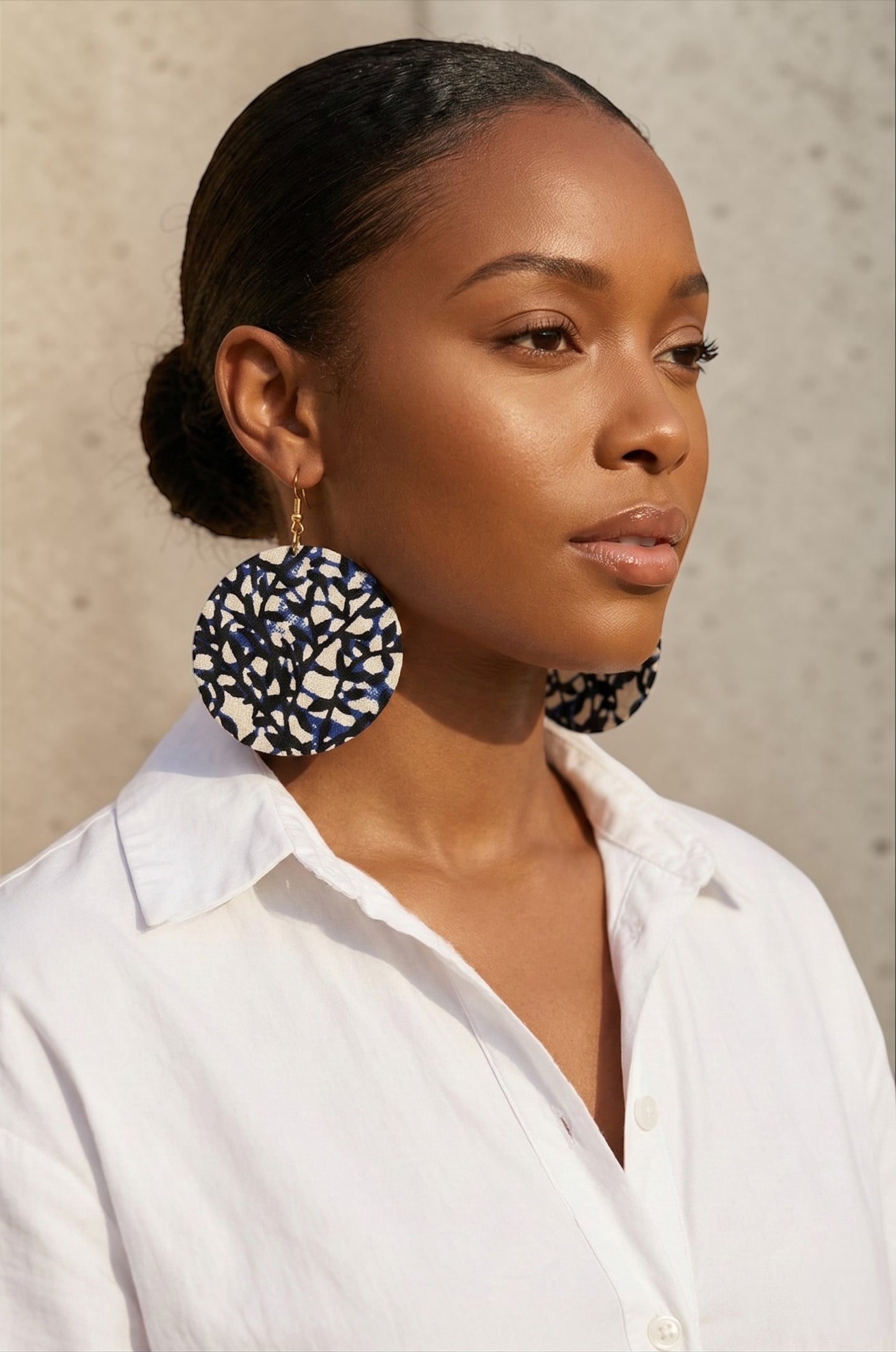 Navy Blue Ankara Fabric Statement Earrings – Handmade African Print Round Dangle Jewellery - Fatisha Boutique #