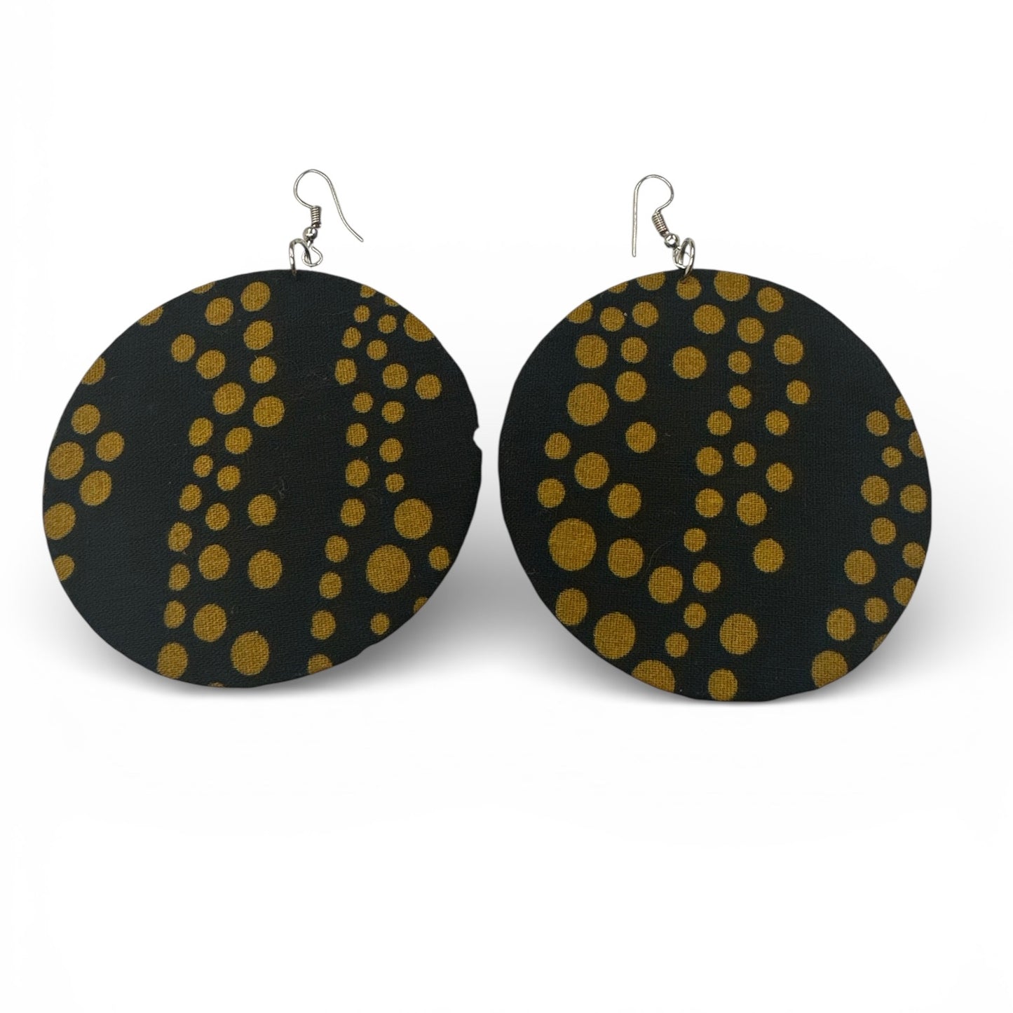 Black & Gold Polka Dot Ankara Earrings | Handmade African Round Fabric Jewellery | Lightweight - Fatisha Boutique #