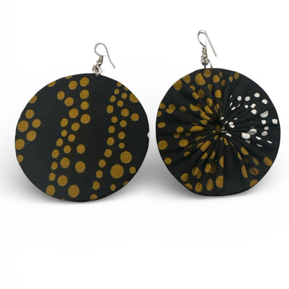 Black & Gold Polka Dot Ankara Earrings | Handmade African Round Fabric Jewellery | Lightweight - Fatisha Boutique #