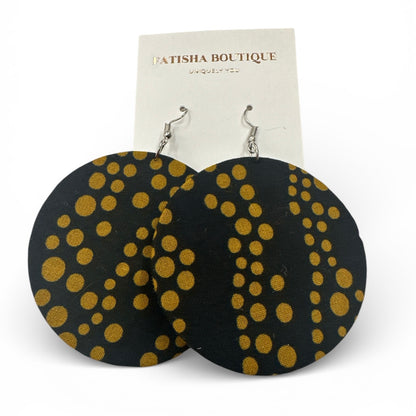 Black & Gold Polka Dot Ankara Earrings | Handmade African Round Fabric Jewellery | Lightweight - Fatisha Boutique #