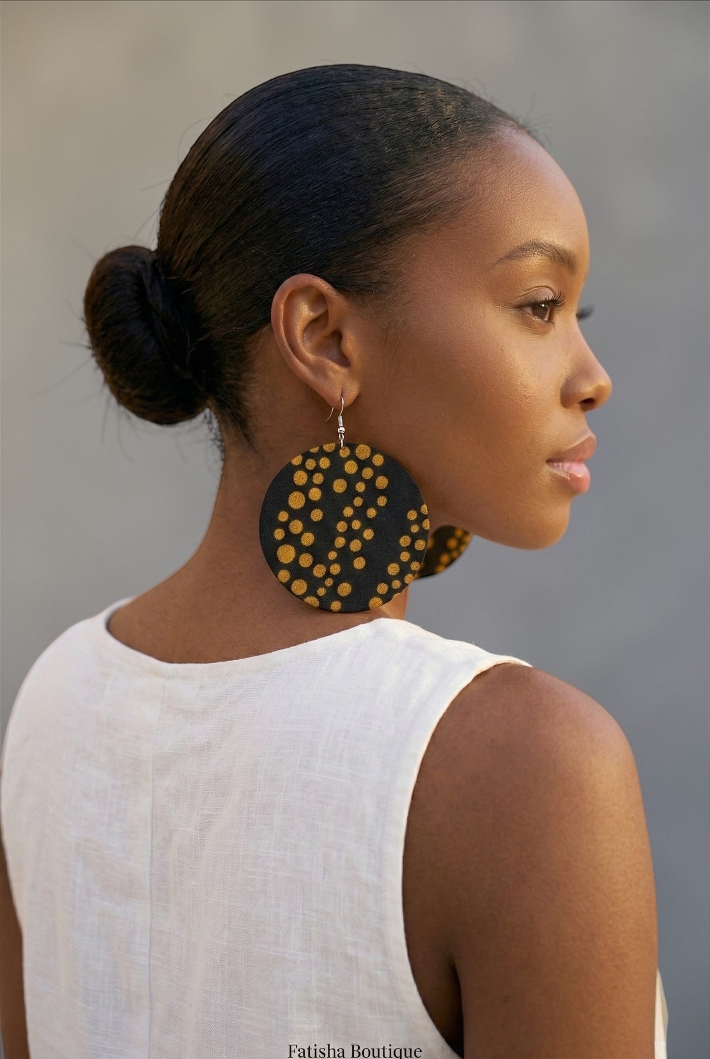 Black & Gold Polka Dot Ankara Earrings | Handmade African Round Fabric Jewellery | Lightweight - Fatisha Boutique #