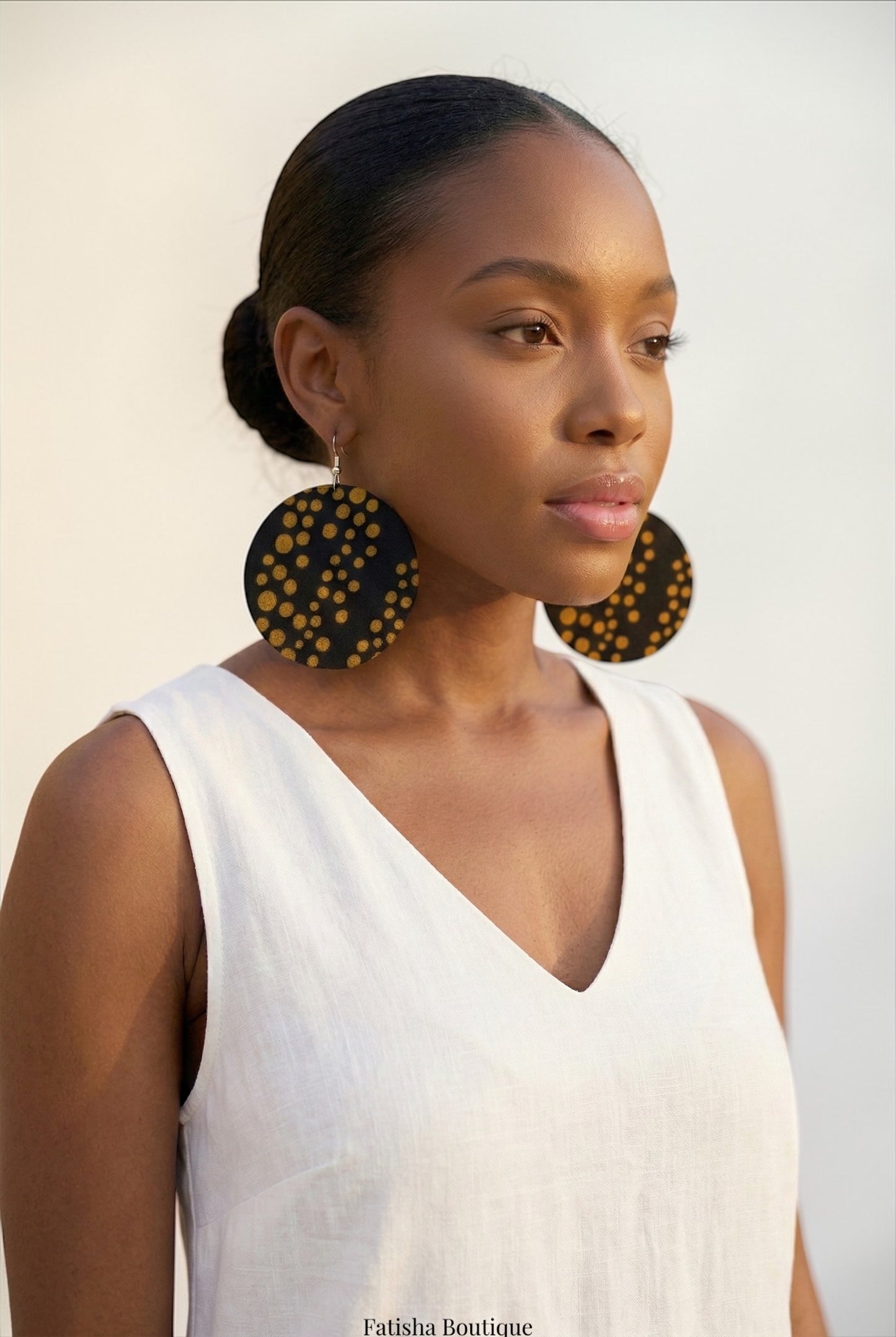 Black & Gold Polka Dot Ankara Earrings | Handmade African Round Fabric Jewellery | Lightweight - Fatisha Boutique #