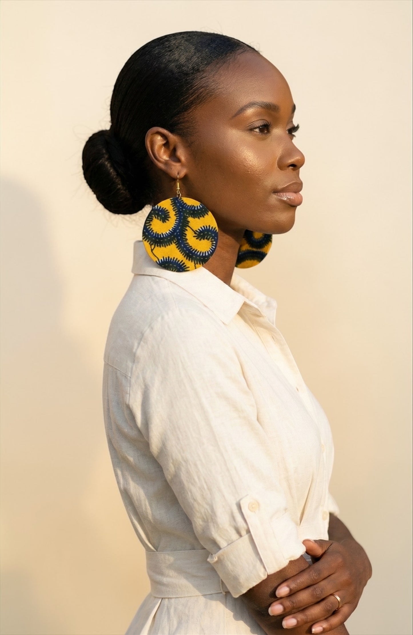 Yellow & Navy Ankara Fabric Statement Earrings – Handmade African Print Round Dangle JewelleryYellow & Blue Spiral Ankara Earrings | Handmade African Round Statement Jewellery | Lightweight - Fatisha Boutique #